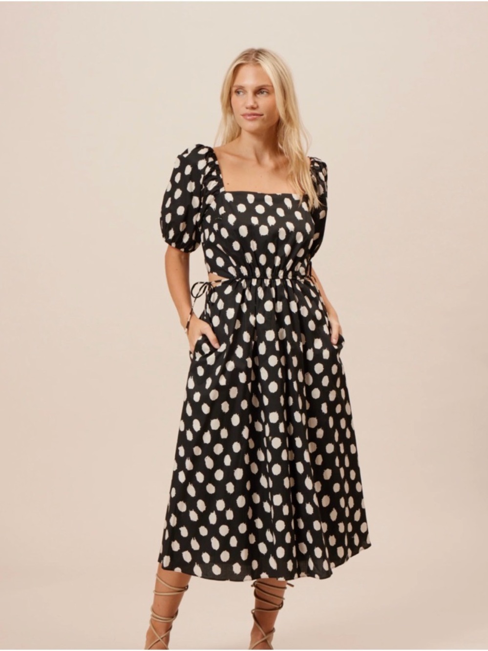 Lucy Paris Black Midi Dress with Cream Spot Print and Puff Sleeves